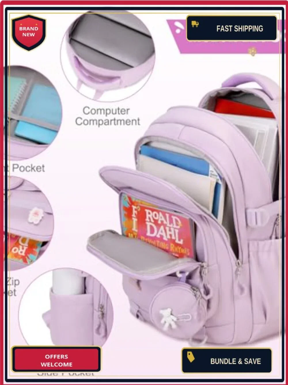 Girls Backpack Set with Lunch Bag Pencil Pouch Waterproof Nylon Laptop Bookbag